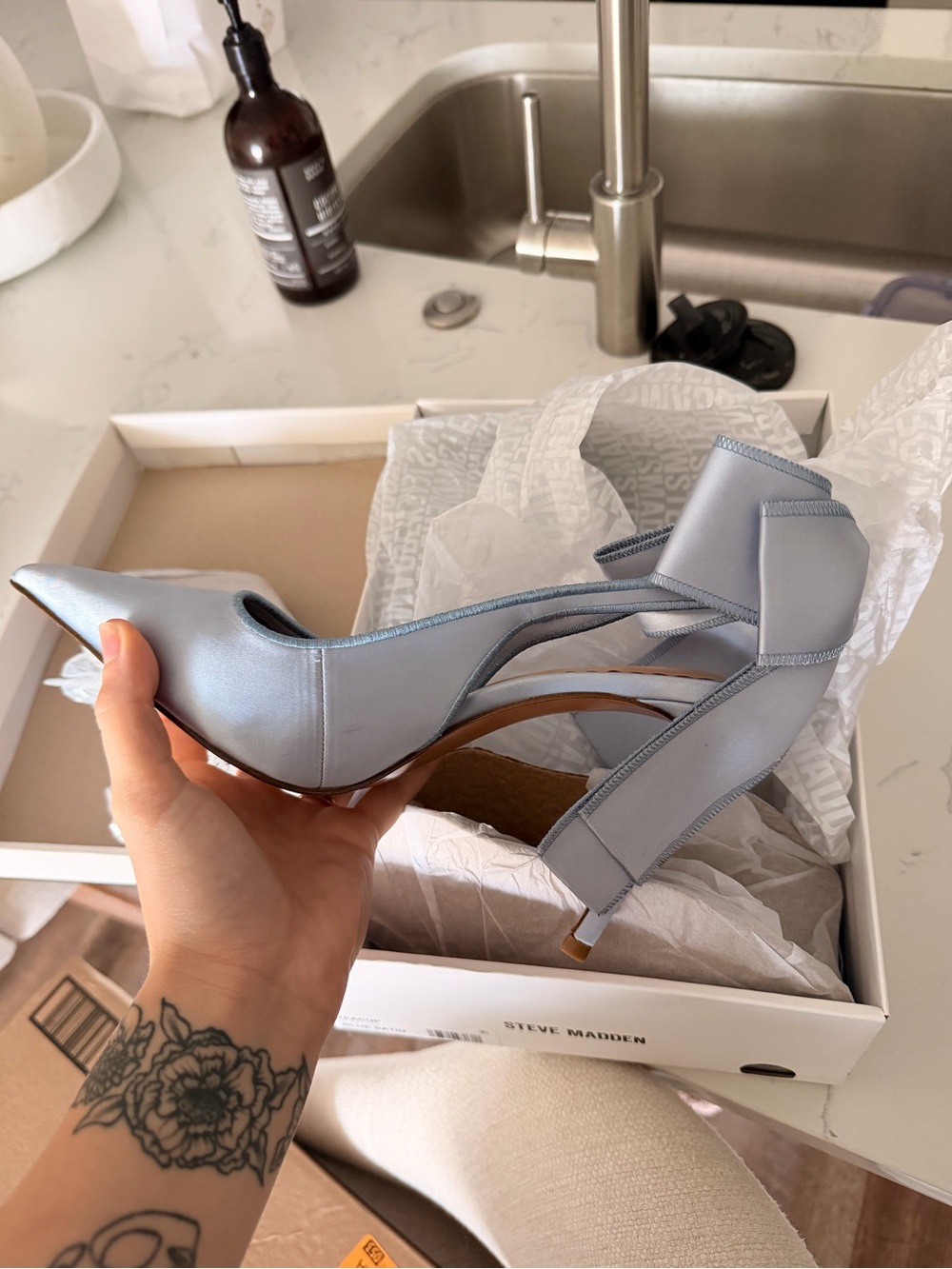 Steve Madden Light Blue Satin Pointed-Toe Slingback Heels with Bow - Picture 7 of 10